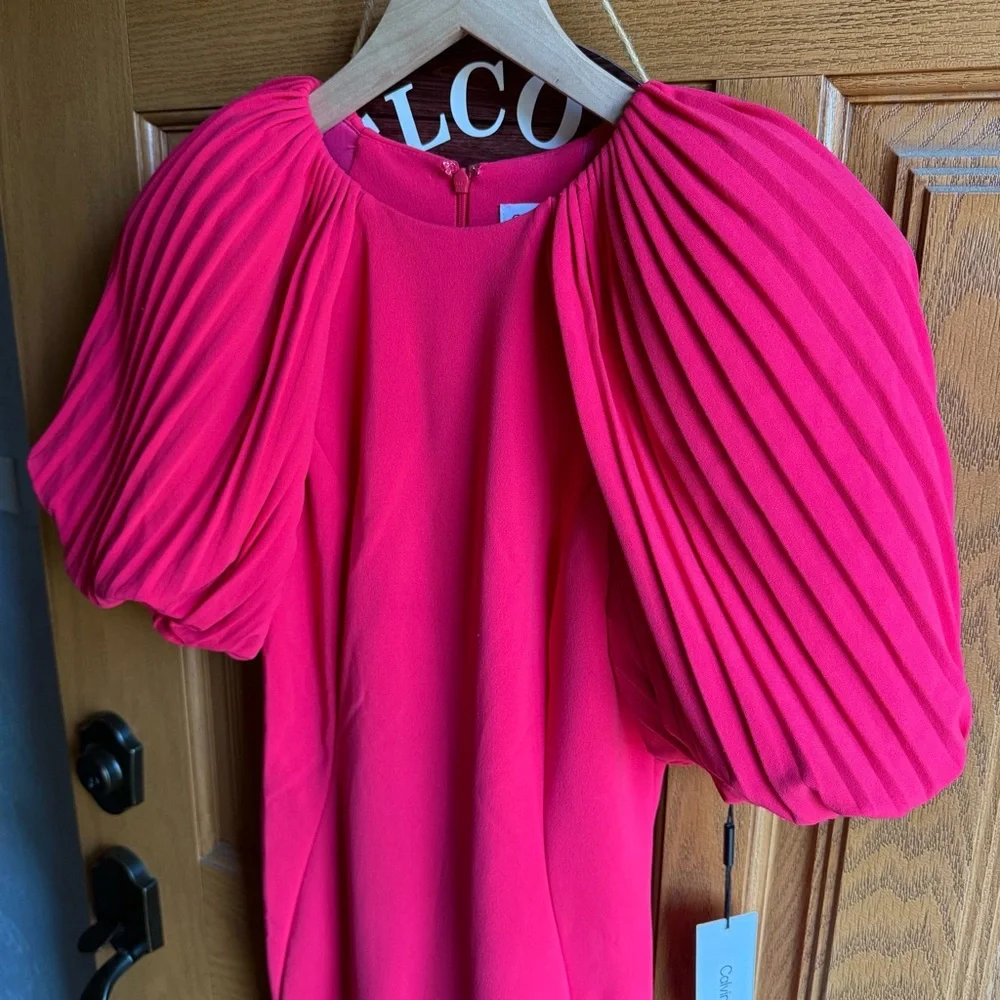 NWT Calvin Klein Hot Pink Pleated Puff Sleeve Dress Size 2 - Picture 10 of 15